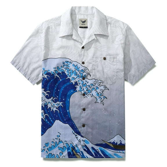 Wave Hawaiian Shirt For Men Japanese Aloha Shirt Cotton Short Sleeve Camp Shirt Japanese Ukiyo-e