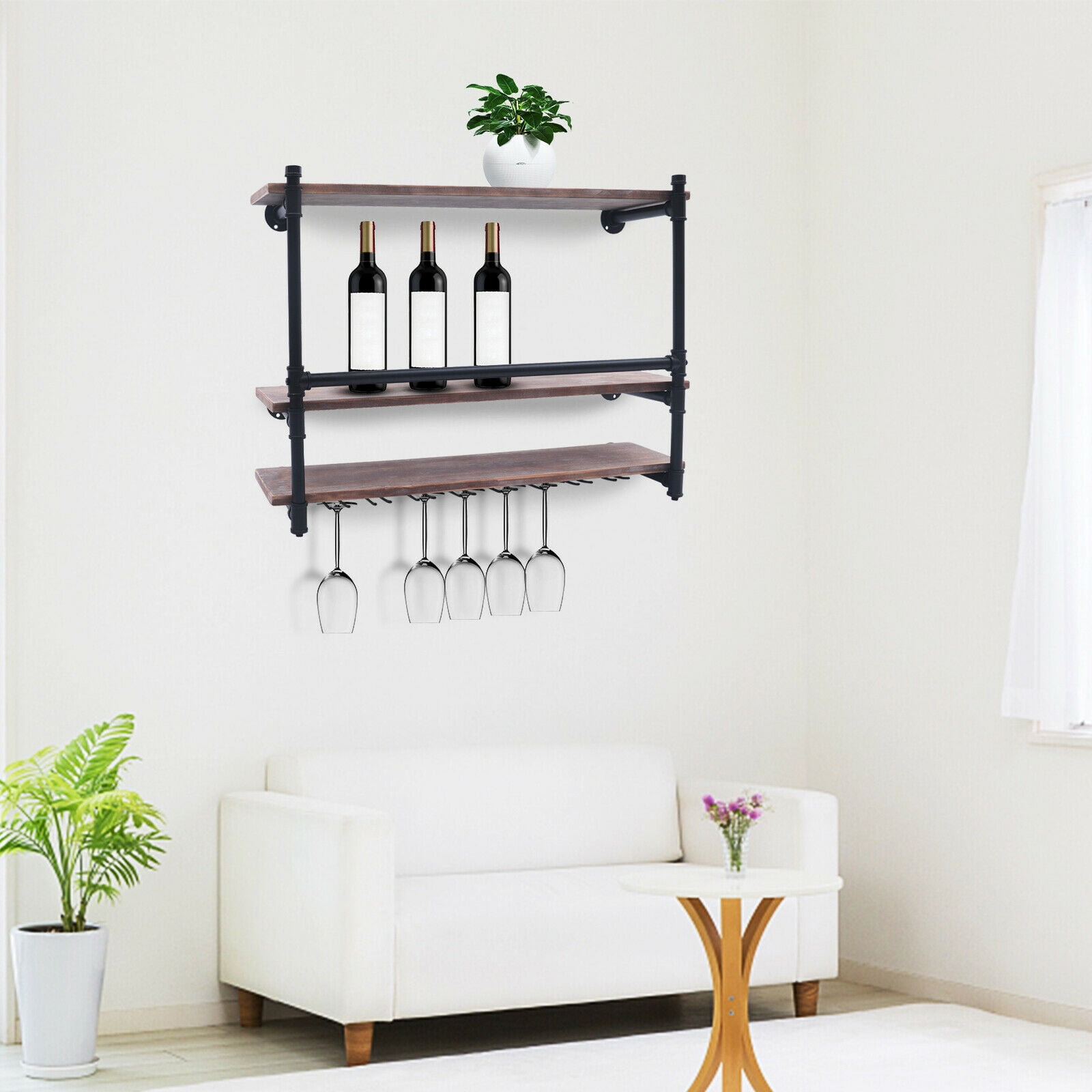 Oukaning 3Tier Wall Mounted Wine Racks Wall Shelf with Glass Holder