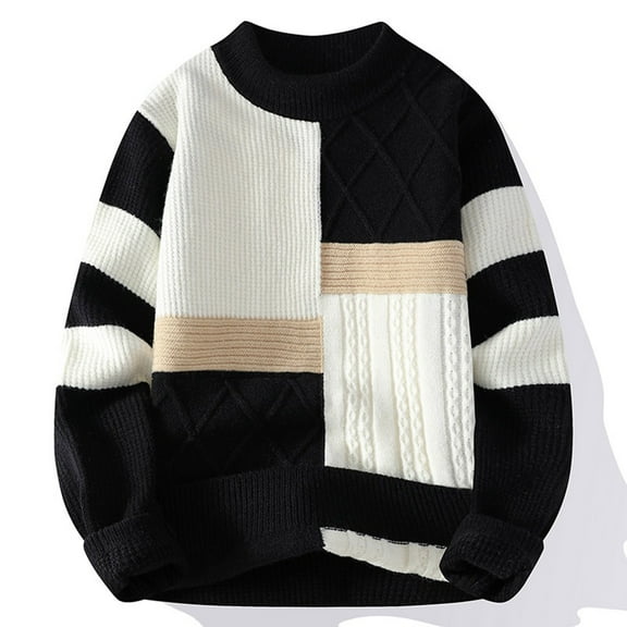 Elvqul Sweater for Men Big and Tall Crew Neck Black Patchwork Mens Pullover Sweater