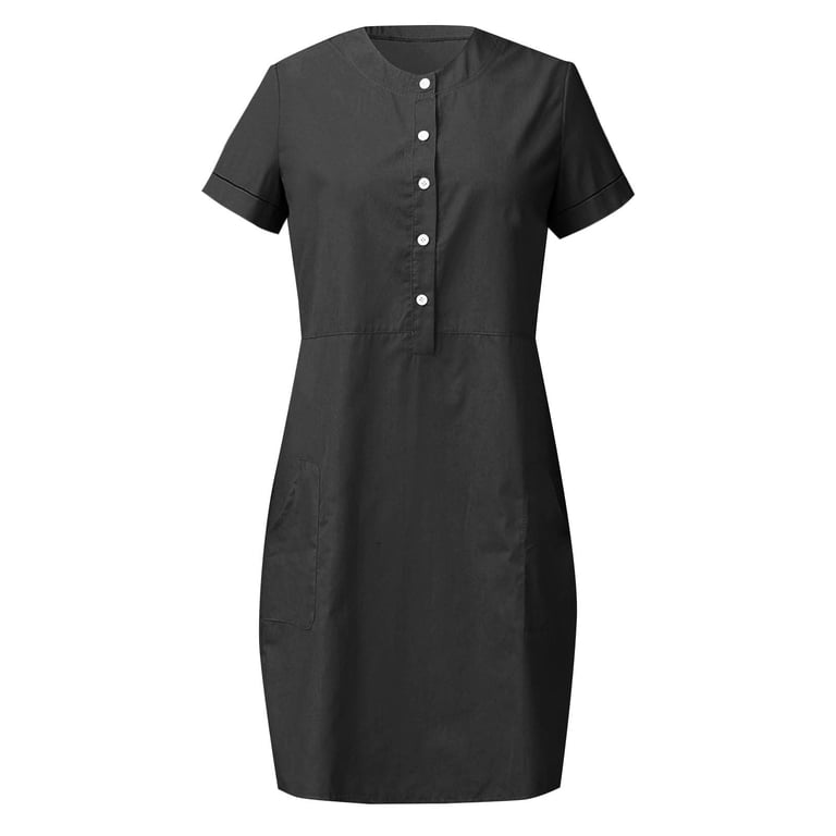 Ecqkame Cotton Linen Pencil Dress for Women Short Sleeve Button Crewneck Work Dresses Solid Knee Length Midi Dress with Pocket 03-Black L