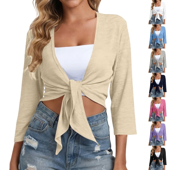 Women's Short Cardigan Bolero Shrug Sheer Tie Front Top 3/4 Sleeve Jacket for Dress White