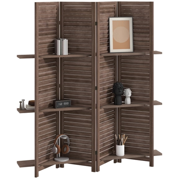 Room Divider Screen, 4-Panel Foldable Paulownia Wood Partition with 3 Integrated Storage Shelves, Shutter Design, Walnut Finish for Living Room and Bedroom, 63 x 67 Inches