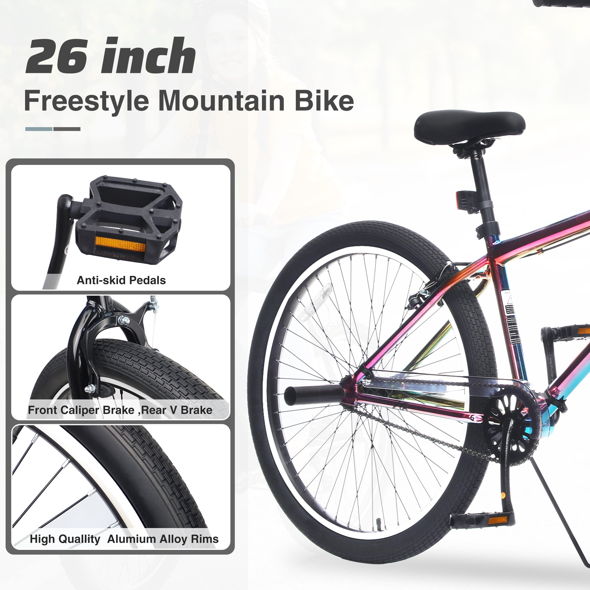 26-Inch Freestyle Bike,Single-Speed Steel Frame Bicycle with Front & Rear Brakes
