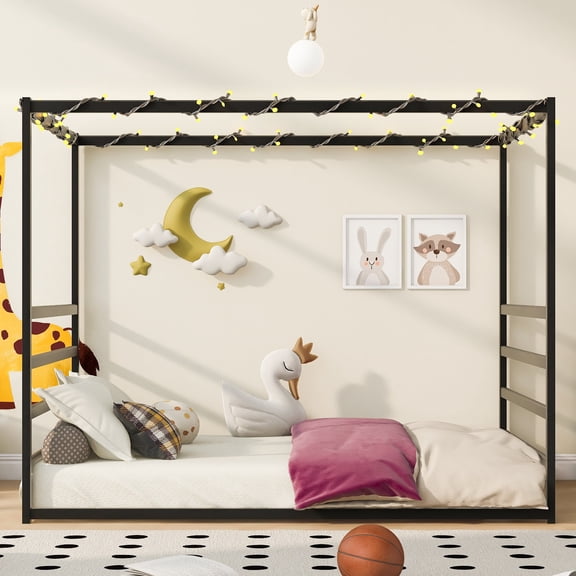 FFZ 82"L Queen Size Iron Bed Frame with Fence-Style Guardrails, Modern Low-Profile, Black