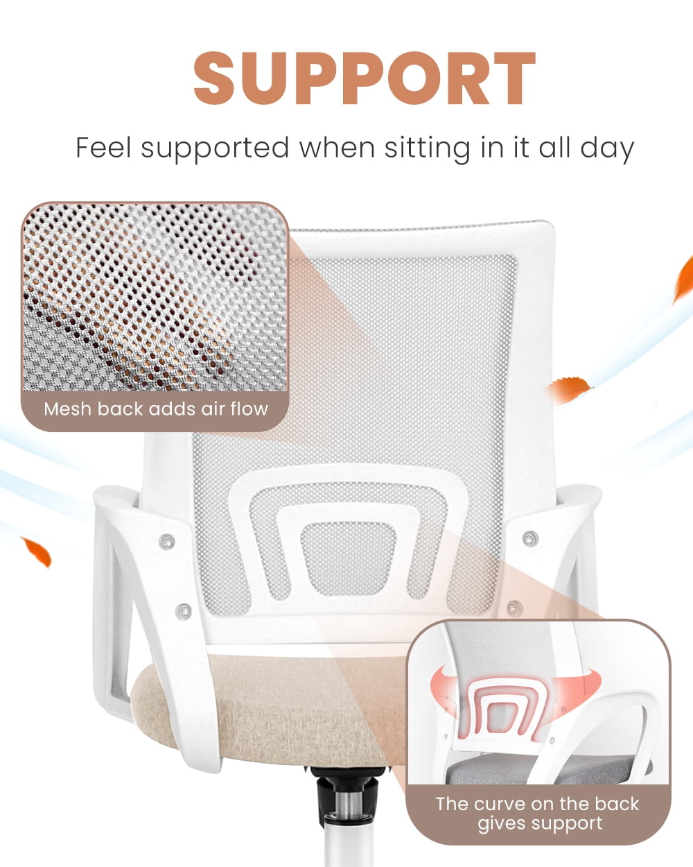 NEO CHAIR Office Desk Computer Chair Ergonomic Mesh Gaming Cushion Seat with Comfy Lumbar Mid Back Support Adjustable Height Swivel Rolling Wheels for Home Task (Beige)