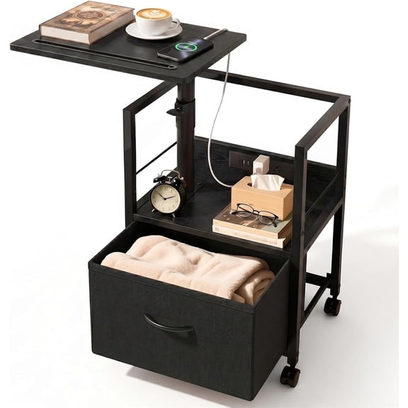 Swivel Lift Top Nightstand with Charging Station, Rolling Side Table for Recliner, Bedside Table with Wheels & a Fabric Drawer, for Small Spaces, for Bedroom, Living Room, Black
