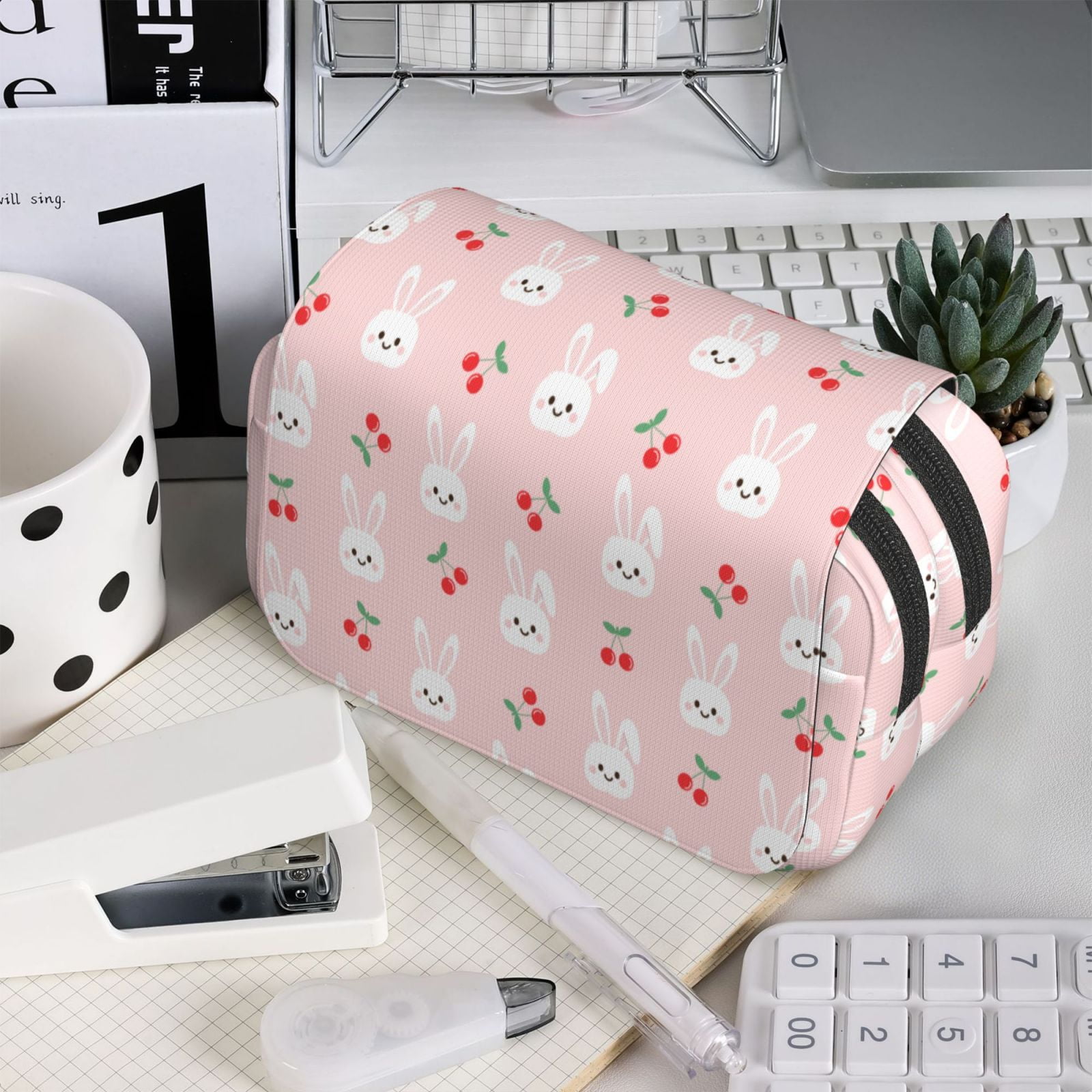 Rateoe Rabbit And Cherry Pattern Double Clamshell Pen Case, Storage Organizer with Two Zipper Compartments– Holds Up to 50 Pencils & Pens