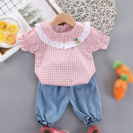 

Clearance Children Clothesborn Baby Girl Set Summer Plaid Pineapple Print Doll Collar Short-sleeved and Jeans Set Baby Suits