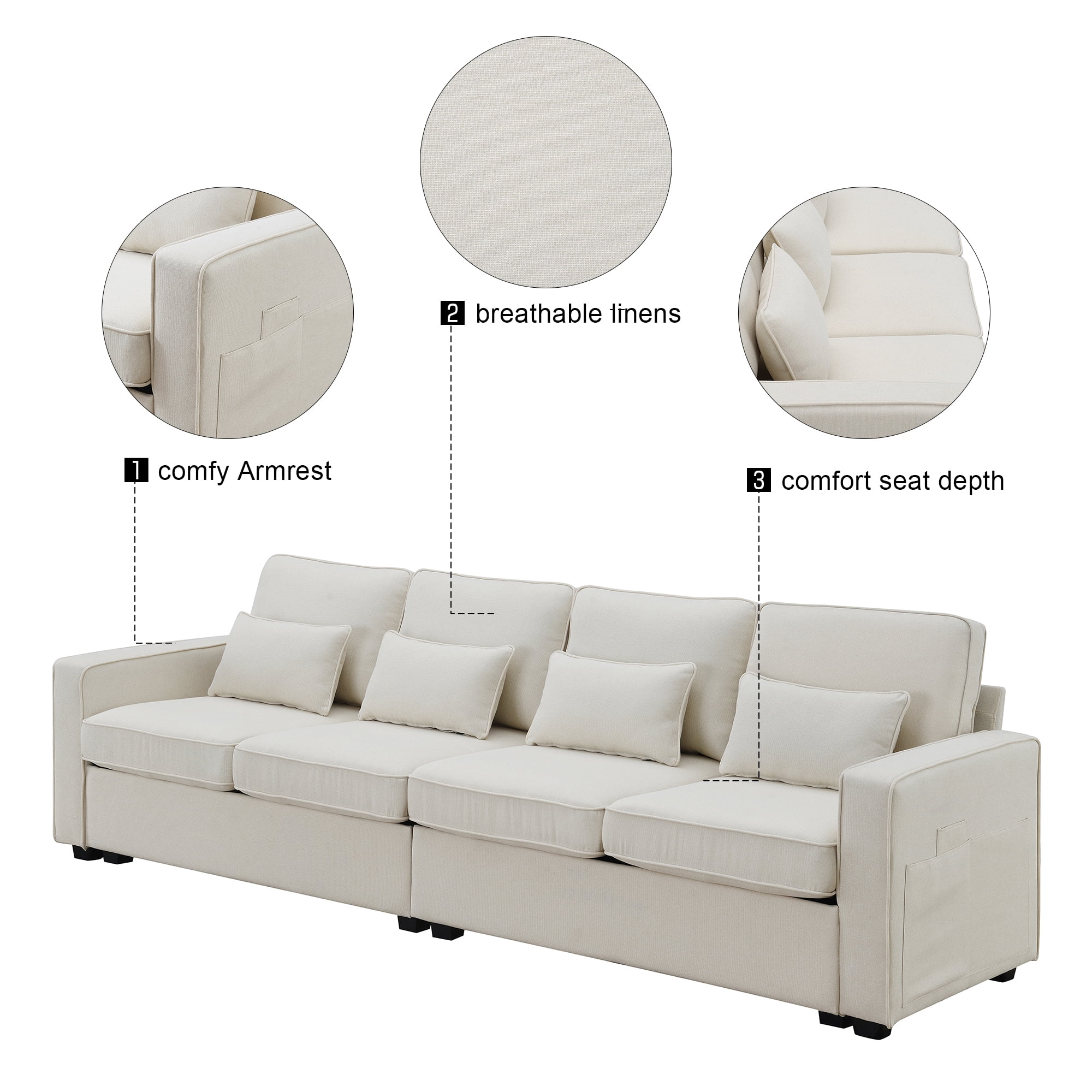 Leumius 104" Sectional Sofa, Modern Linen Fabric 4-Seater Sofa Couch with 4 Pillows, Minimalist Style Couch for Living Room, Apartment, Office, Beige