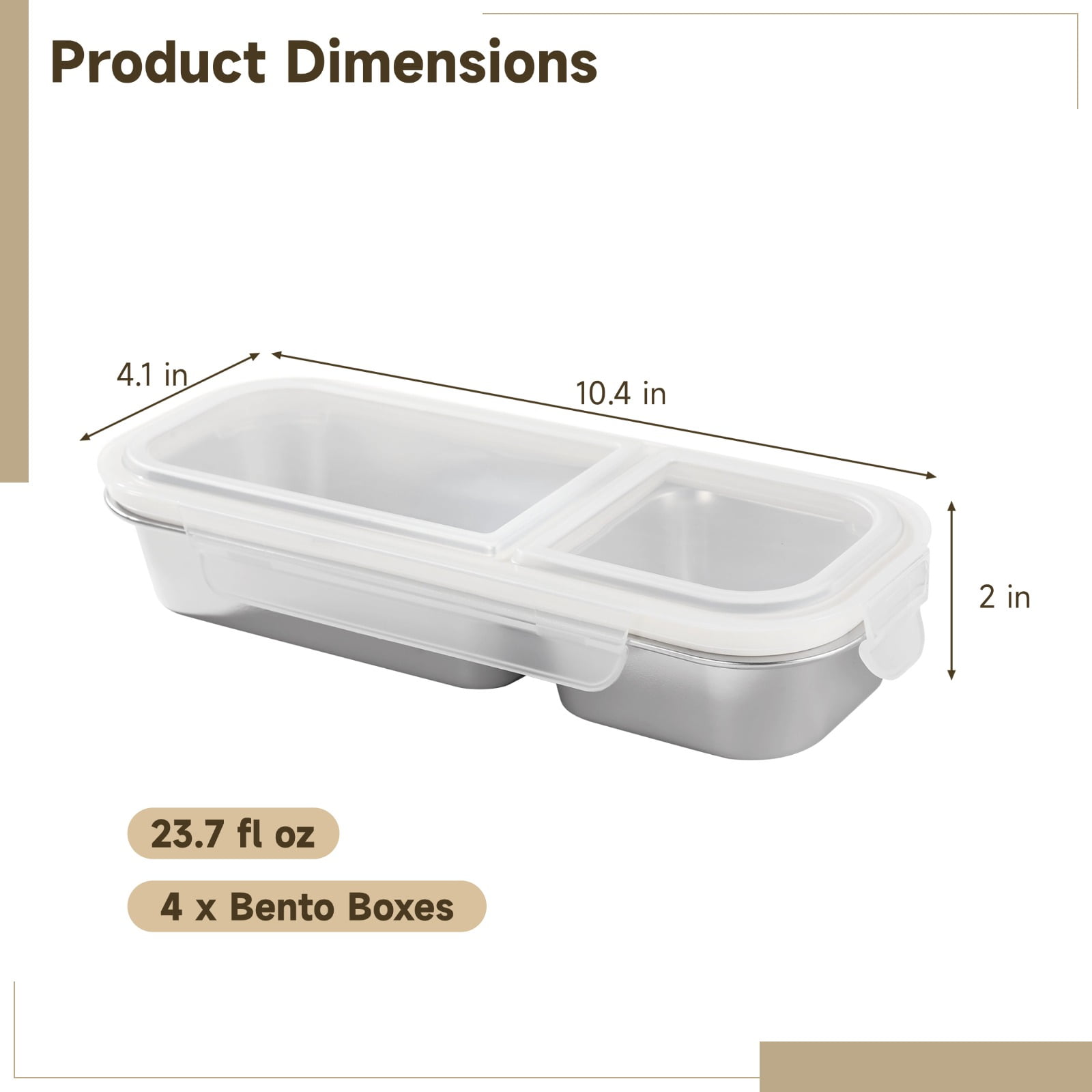 4 Pcs Stainless Steel Bento Boxes, 2-Compartment 23.7 fl oz Snack Containers with Leakproof Silicone Seals, Stackable Meal Prep Food Storage Box for Adults & Youngsters