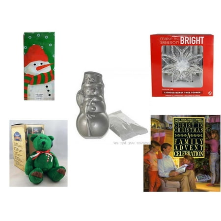 Christmas Fun Gift Bundle [5 Piece] - Assorted  Cello Bags With Ties - Deck The Halls Lighted Burst Silver Tree Topper - Nordic Ware Snowman Cake Pan - Limited Treasures  Edition Green Candycane