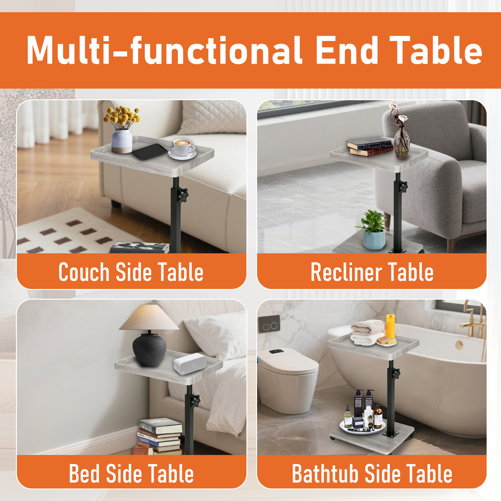 ManyFun C Table End Table Adjustable Height, 360°Swivel TV Tray Table for Small Spaces, Couch Tables That Slide Under, C Shaped Side Tables with Wheels for Living Room and Bedroom, Bed