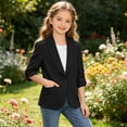 thumbnail image 6 of mgoYE Girls Blazer Jacket Teen Open Front 3/4 Sleeve Blazers Kids Graduation Formal Suit Jackets with Pockets One Button(Black,14-15 Years), 6 of 7