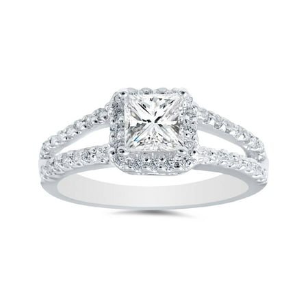 14k Wg Diamond Solitaire - 1 Carat Princess Cut Diamond Halo Engagement Ring Split Shank Solitaire 14k WG
