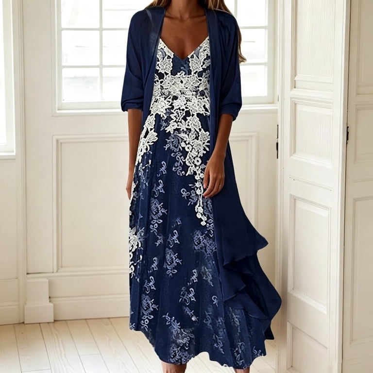 2 piece maxi dress wedding guest SOMOU Two-Piece Set Maxi Dress for Womens Flowy Chiffon Cardigan Wedding Guest Floral Print Midi Dresses with Lace Jacket, Large at Amazon Women's Clothing store