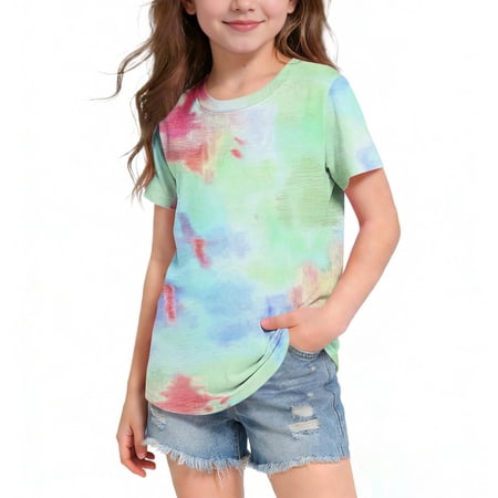 NAISIBABY T-Shirt for Girls Crew Neck Short Sleeve Trendy Tie-Dye Kids Summer Casual Tees Green 11T