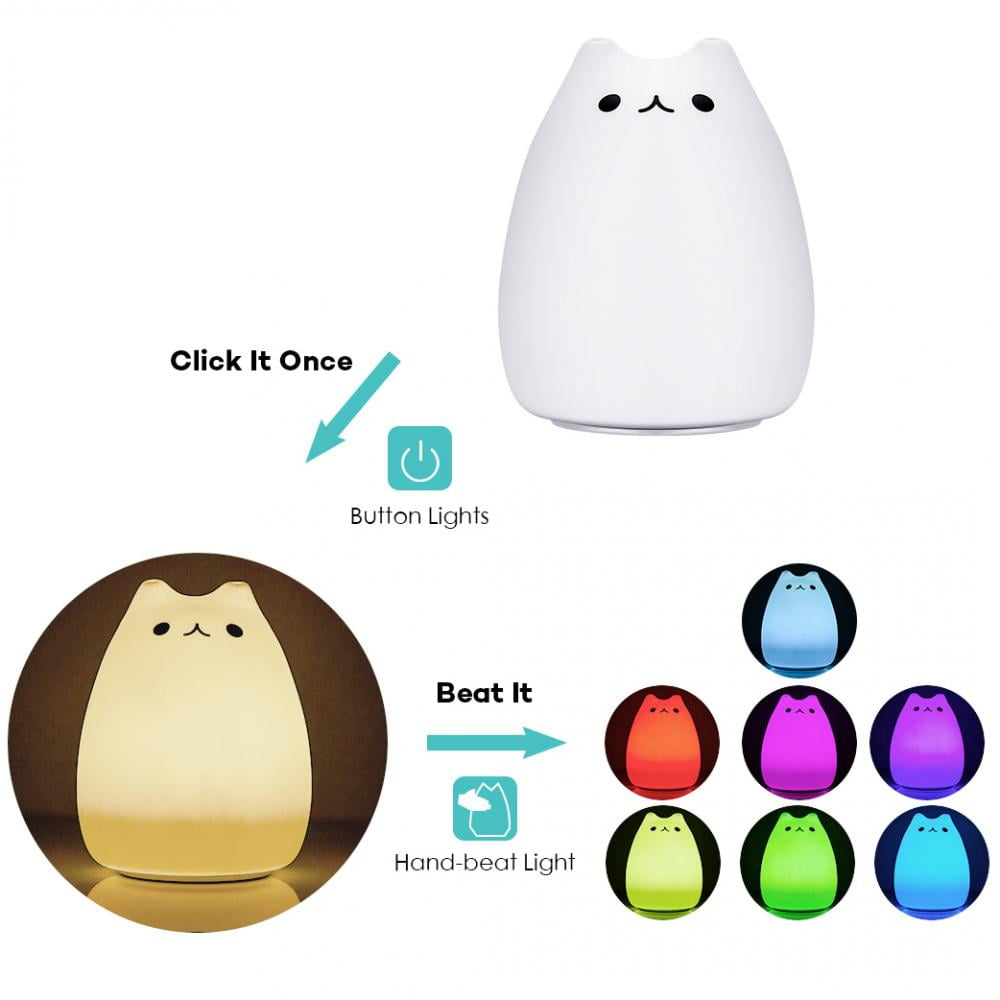 Children Night Light,Children Night Light, EECOO Cute Cat Lamp Soft Silicone Sensitive Tap Control Decompression Toy