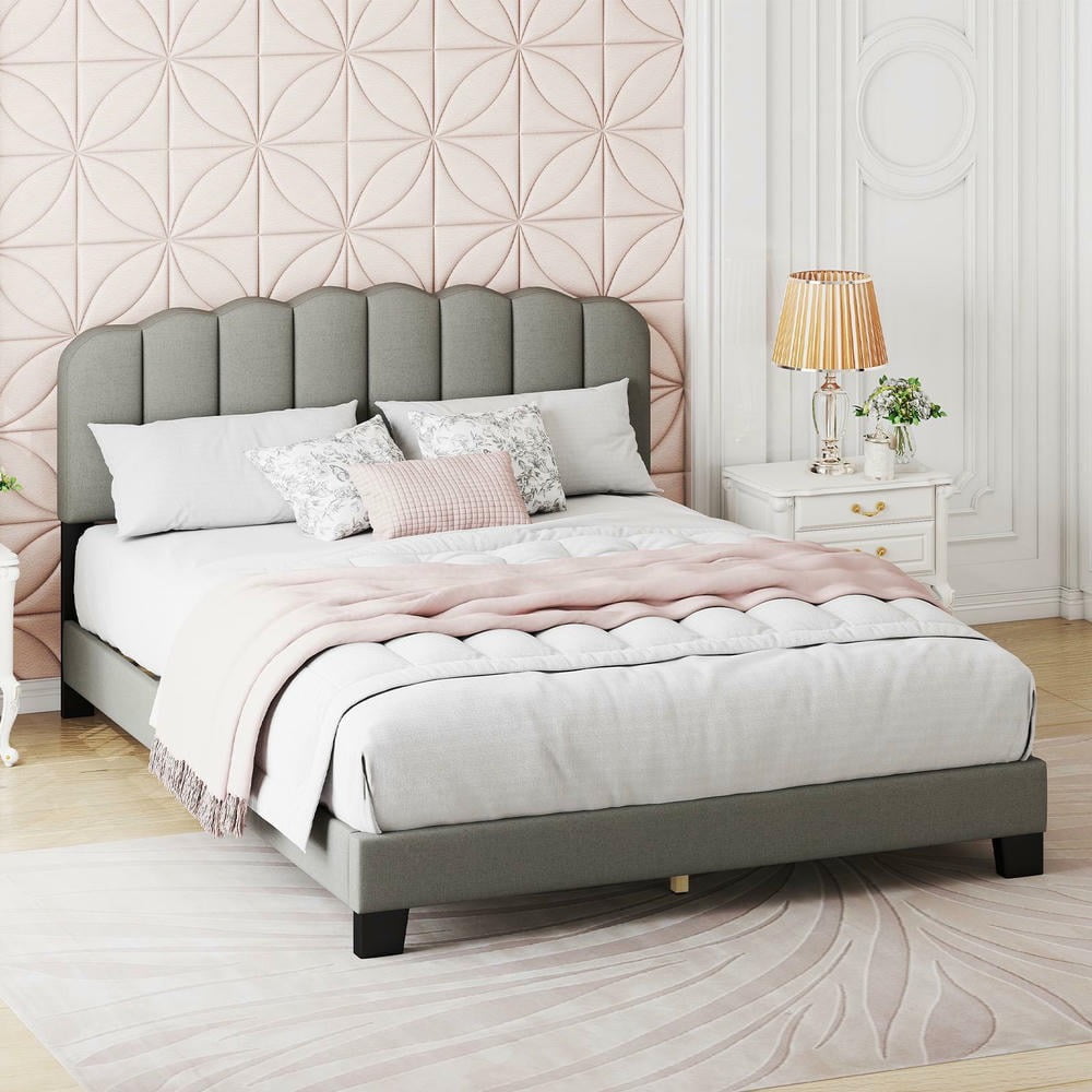 Barara King Queen Size Bedroom Bed Frame with Adjustable Scalloped Tufted Headboard, Bed Platform Frame for Apartment, Bedroom, Gray
