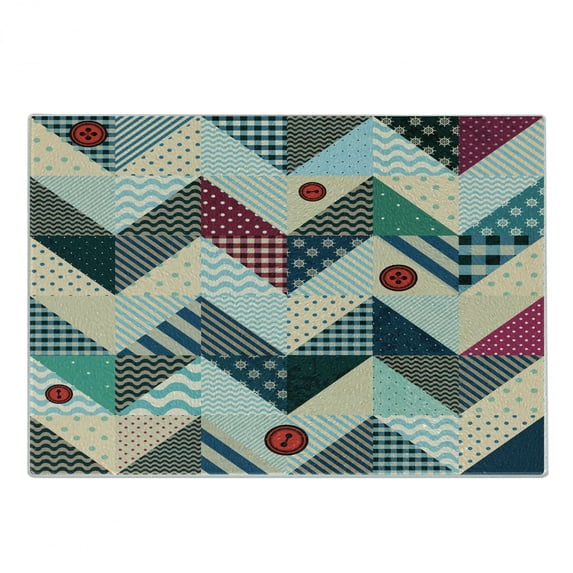 Chevron Cutting Board, Chevron Patchwork with Vintage Line and Retro Button Forms, Decorative Tempered Glass Cutting and Serving Board, Small Size, Multicolor, by Ambesonne