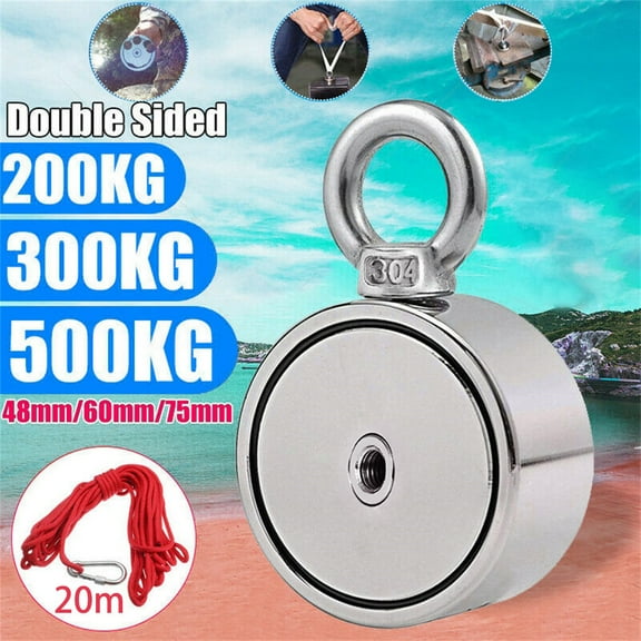 Strong Magnet Fishing Kit, 1000LBS(453KG) Pulling Force Double-Sided Fishing Magnets Neodymium Magnetic Fishing Kit with 20m (65 Foot) Durable Rope and Hook up