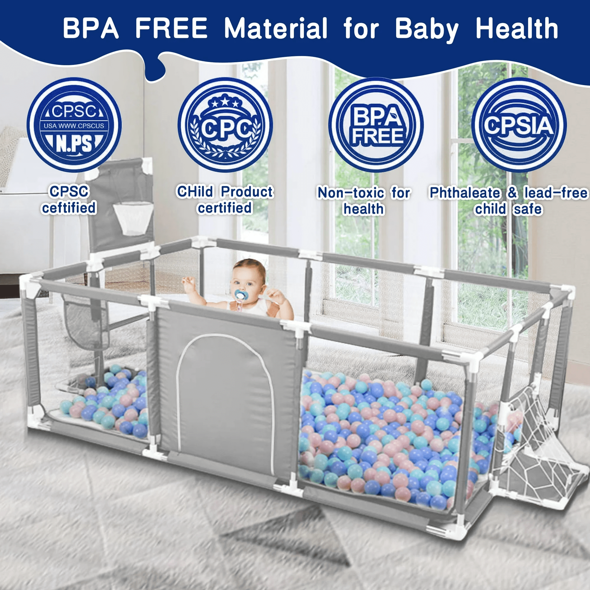 71" x 48" Extra Large Playpen for Babies Toddlers, Baby Playard with Basketball Hoop, No Gap Kids Fence Play Area Ball Pits, Infant Safety Play Yard with Door/Soccer Net