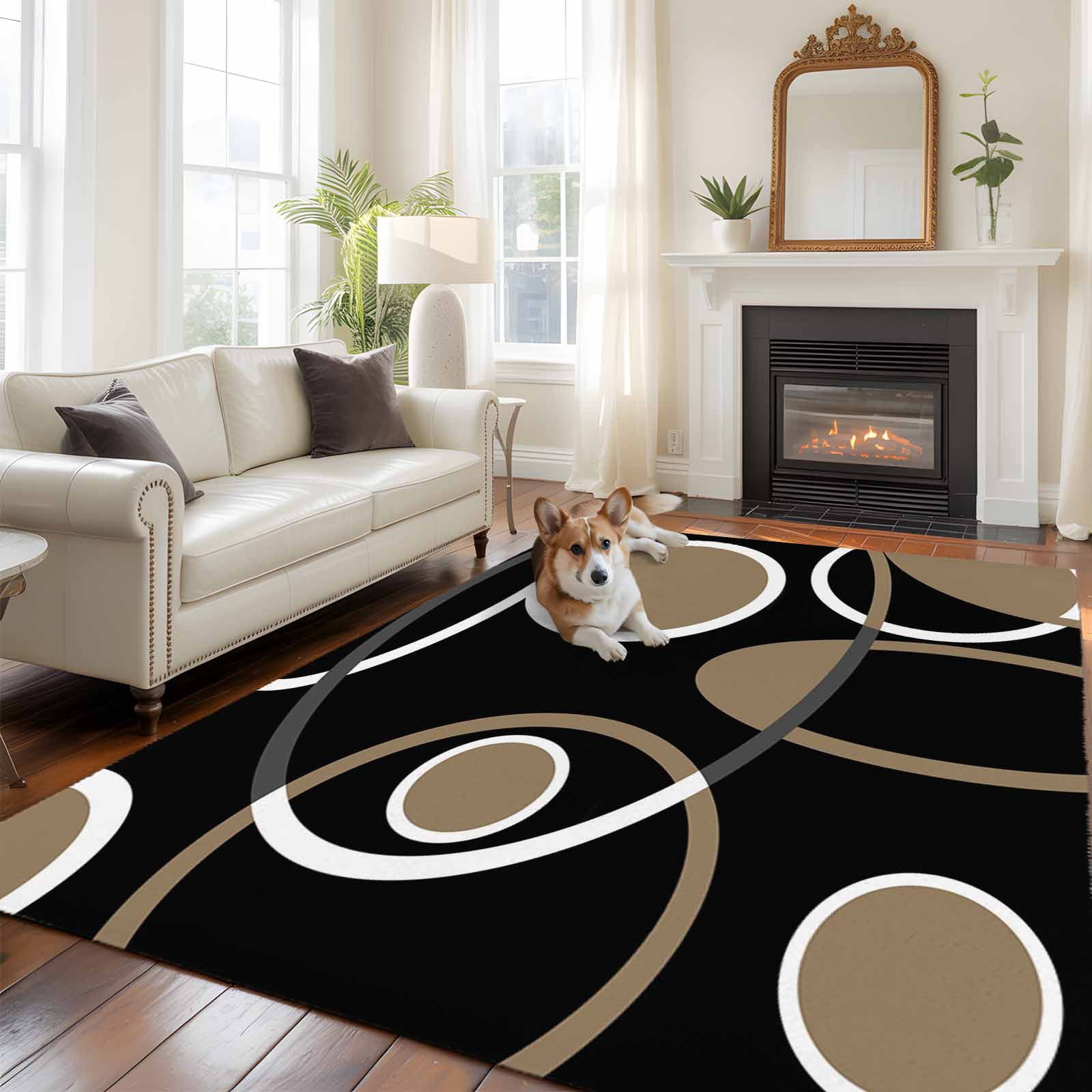 Rectangle Area Rugs 5 x 8 Ft, Black Brown Non-Slip Residential Carpet, White Circle Modern Minimalist Geometric Indoor Crawling Mats Runner Rugs for Living Room/Dining Room/Bedroom