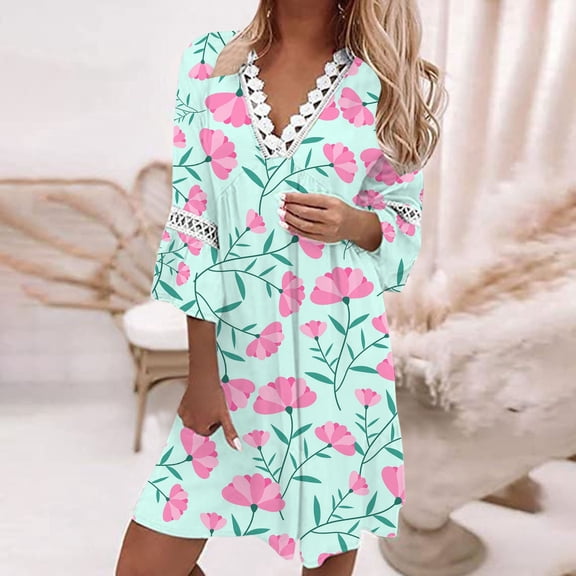 Women's Casual Tennis Dress for Women Summer Ethnic Lace V-Neck Floral Print Swing Dress with Three-Quarter Sleeves Bohemian Dress Green XXL