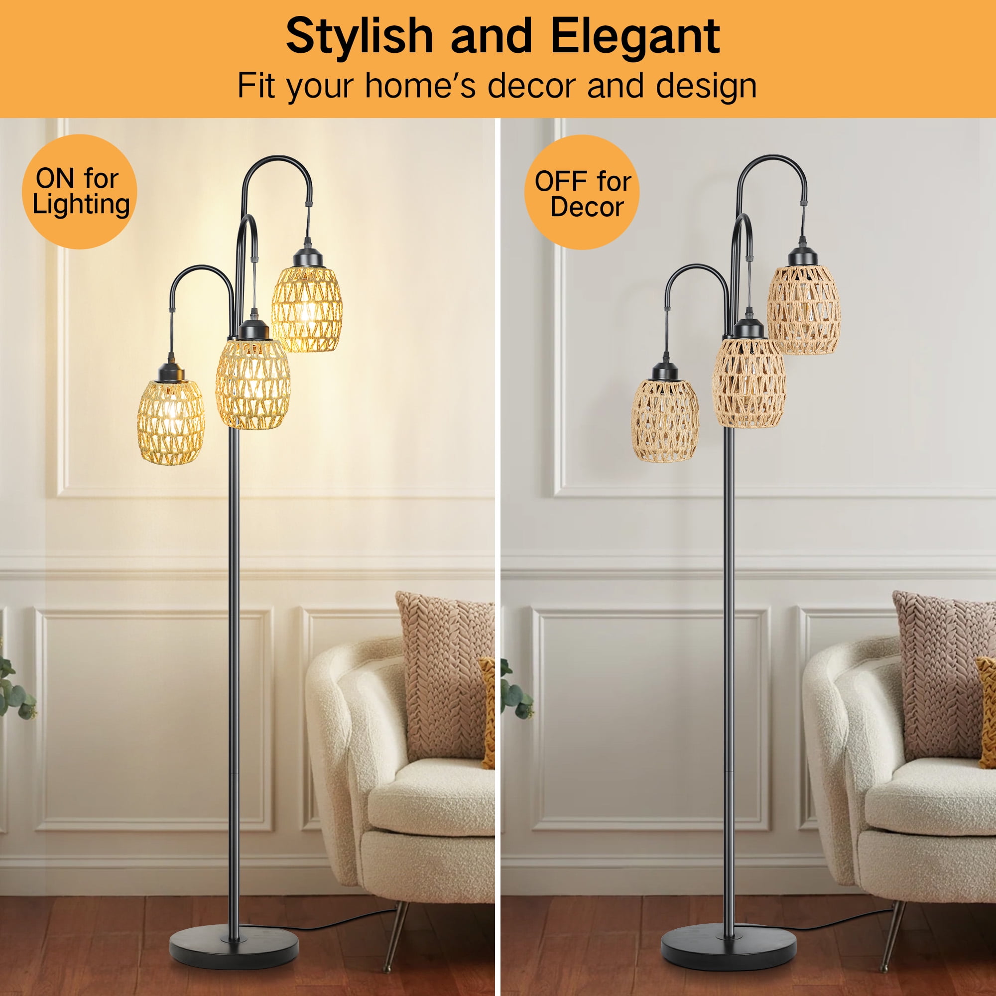 OUTON 69'' Tree Floor Lamp for Living Room Clearance, 3 Light Dimmable Tall Standing Lamp with Rattan Lampshade, Farmhouse Floor Lamp with 3 LED Bulbs for Bedroom Office, Boho