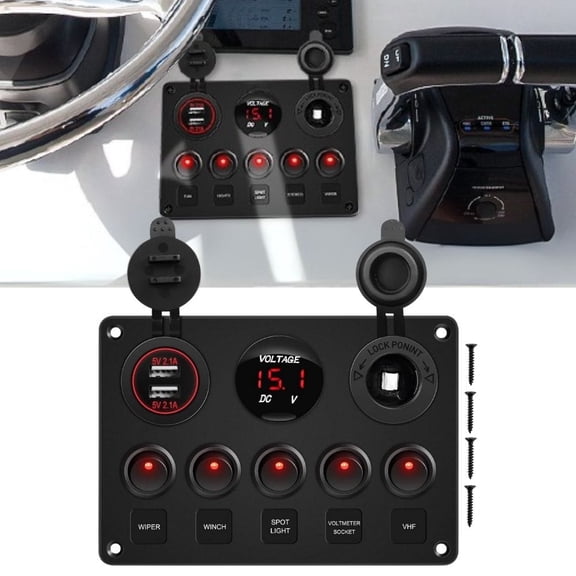 Waywe Multi-Function 5 Gang Rocker Switch Dual USB Charger Digital Volmeter 12V Outlet Pre-Wired Switch Panel Red with Circuit Breakers for RV Car Boat Truck Trailer