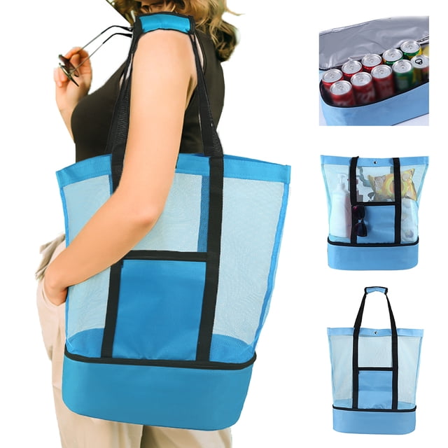 Large Mesh Beach Bag Tote Insulated Reusable Picnic Lunch Bag for Outdoor Camping