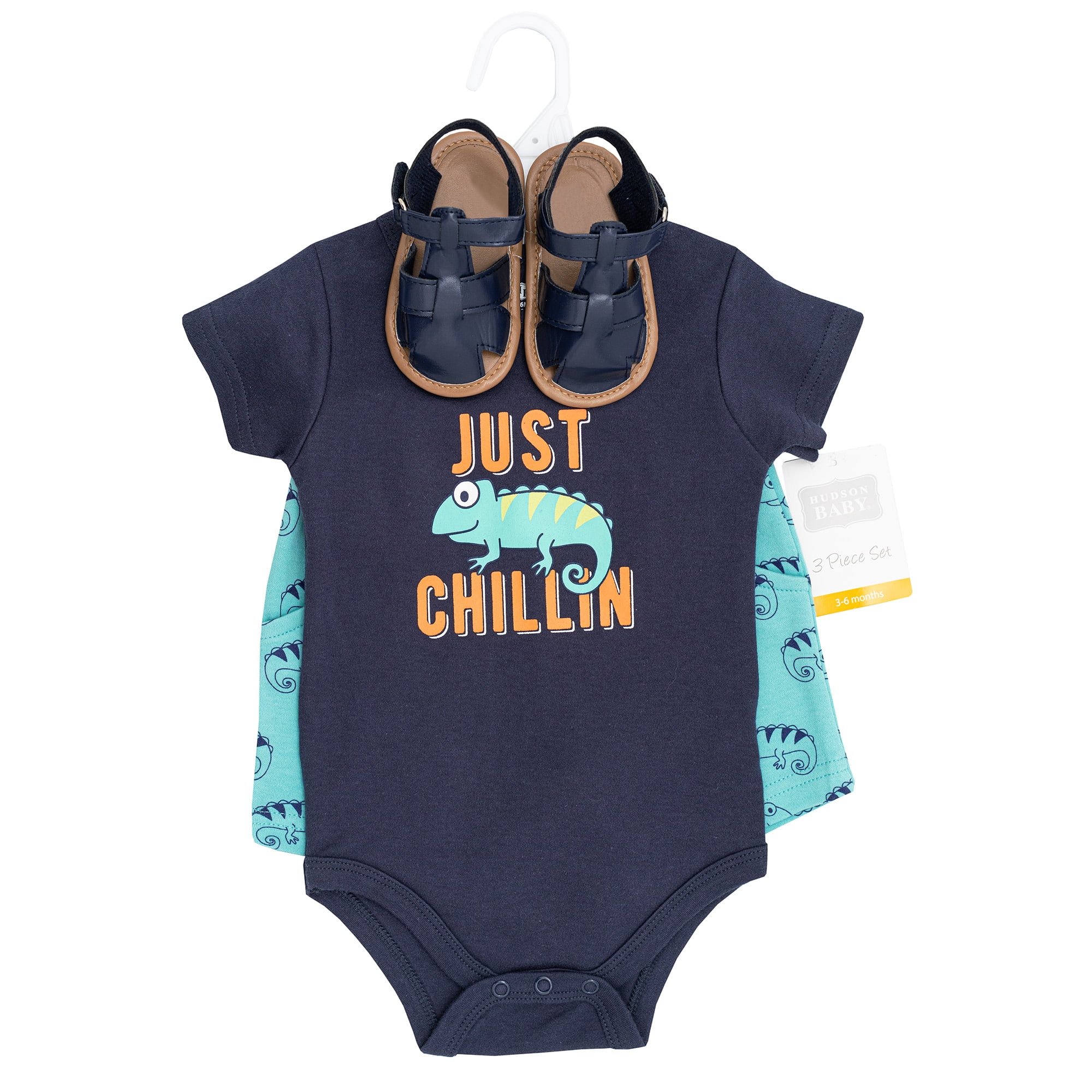 Hudson Baby Boy Cotton Bodysuit, Shorts and Shoe Set, Chameleon, 6-9 Months