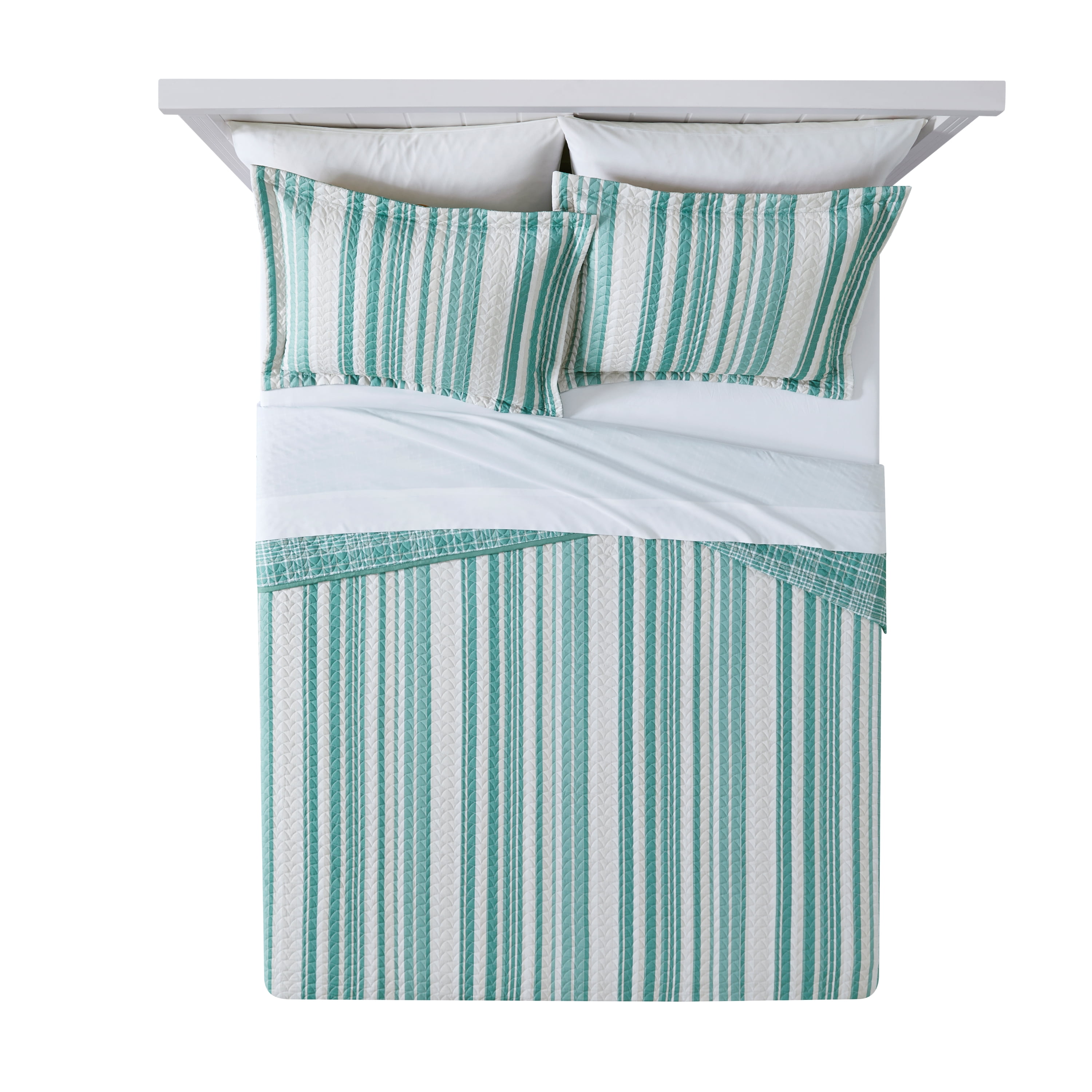 Mainstays Green Vertical Stripe Microfiber Quilt, Full/Queen - Reversible