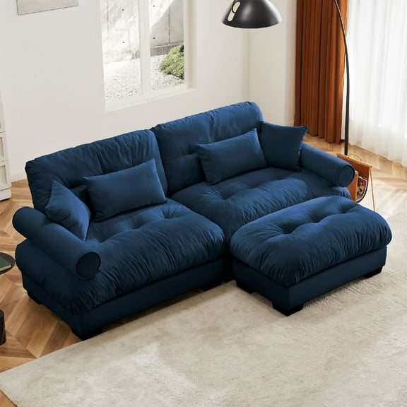 Over Size Modern Two-seater Sofa with Ottoman, Velvet 2-Seater with Round Bolster Armrests,With Waist Pillow and Throw Pillows,Small L Shape Sofa For Living Room, Reading Room, Blue