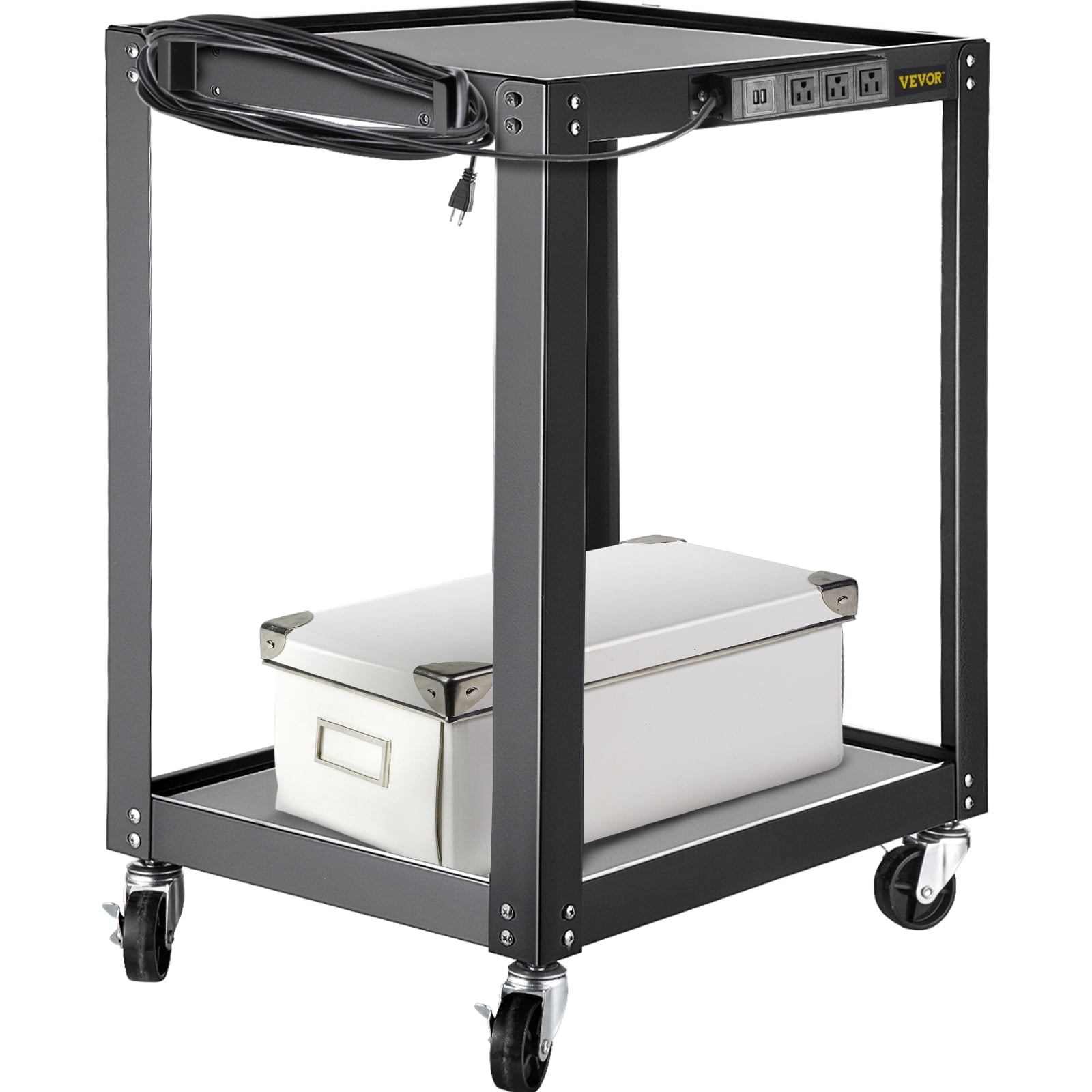 VEVOR Steel AV Cart 2 Shelves, Media Cart with Power Strip, Presentation Cart with 2 Shelves, 24