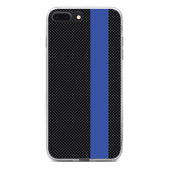 DistinctInk Clear Shockproof Hybrid Case for iPhone 7 PLUS / 8 PLUS (5.5" Screen) - TPU Bumper, Acrylic Back, Tempered Glass Screen Protector - Thin Blue Line Grey Black Carbon Fiber Print