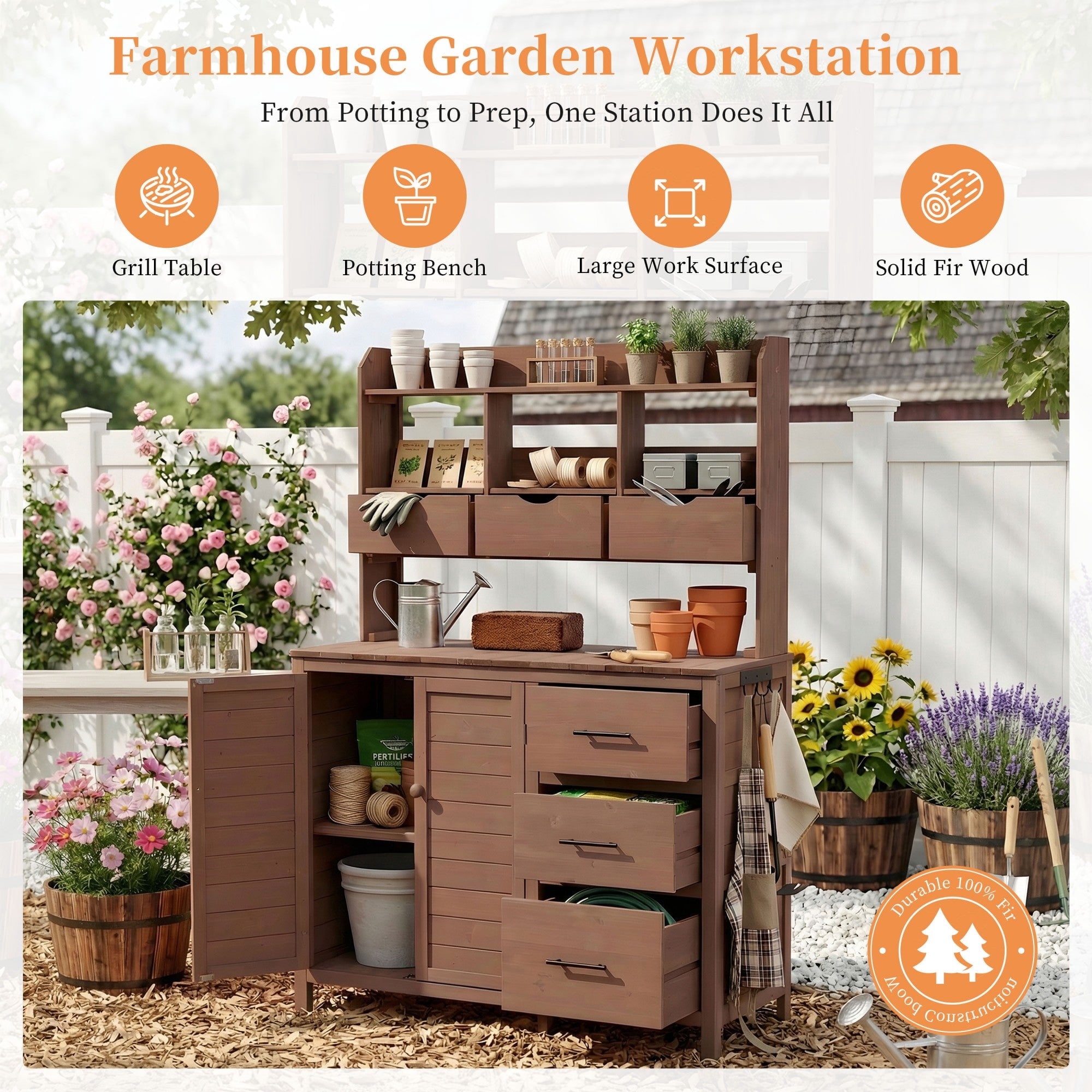 Sailvan 65" Solid Wood Patio Kitchen Island & Garden Potting Bench,Outdoor Grill Prep Station with 6 Drawers,Storage Cabinet and Hutch Brown