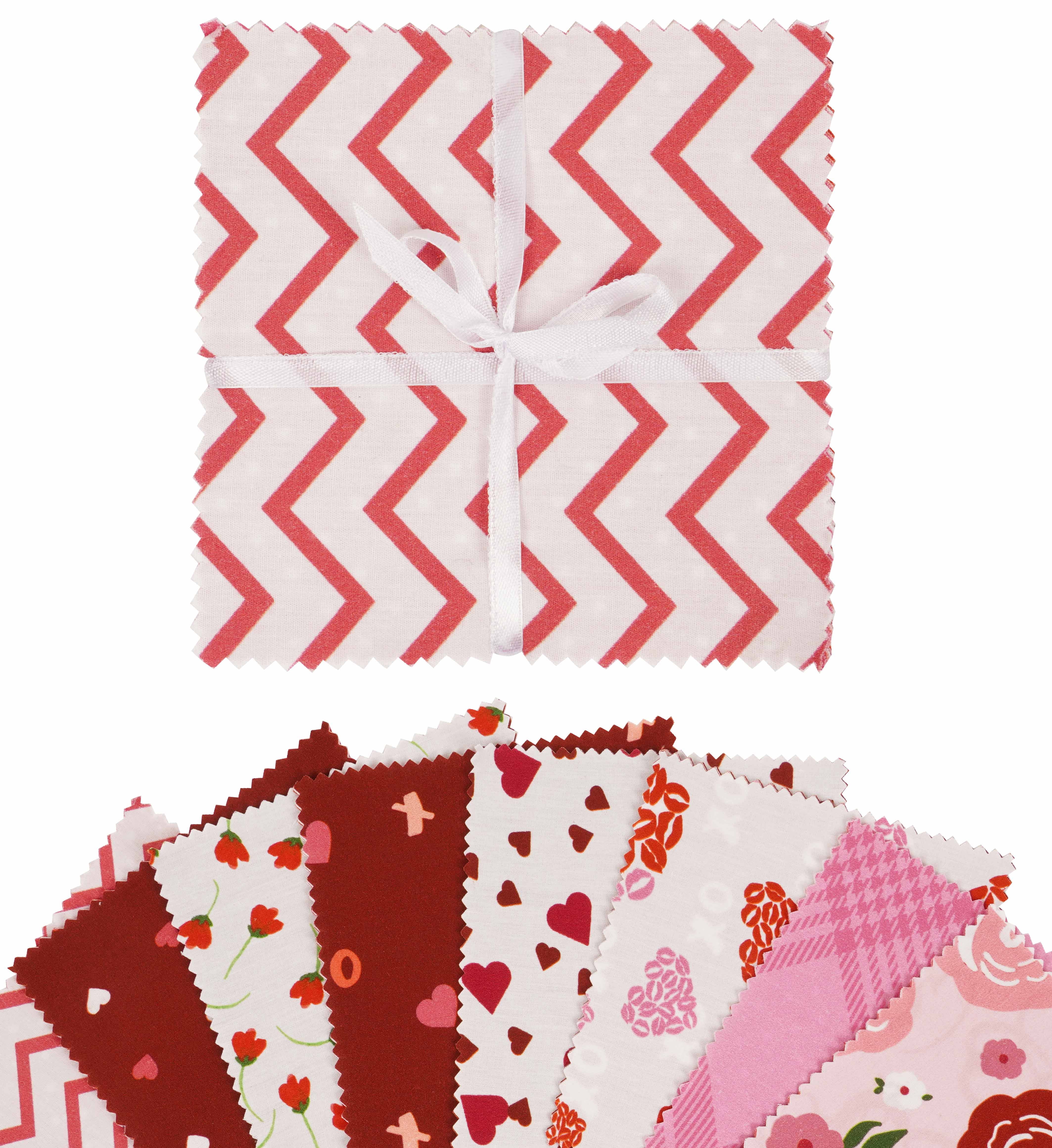 Soimoi Precut 10-inch Valentine Prints Cotton Fabric Bundle Quilting Squares Charm Pack DIY Patchwork Sewing Craft- Pink-White & Red