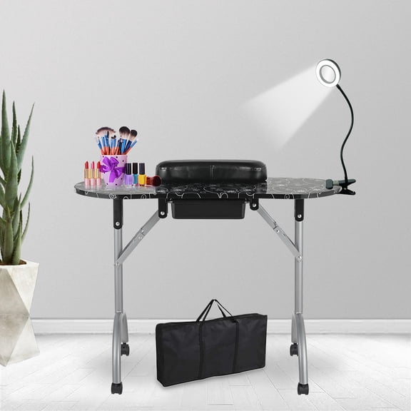 LEIBOU Professional 36''L Portable & Foldable Manicure Table Nail Technician Desk Workstation Manicure Table with Magnifier USB LED Table Lamp,Rolling Wheels,Drawer,Sponge,Free Carrying Bag (Black)