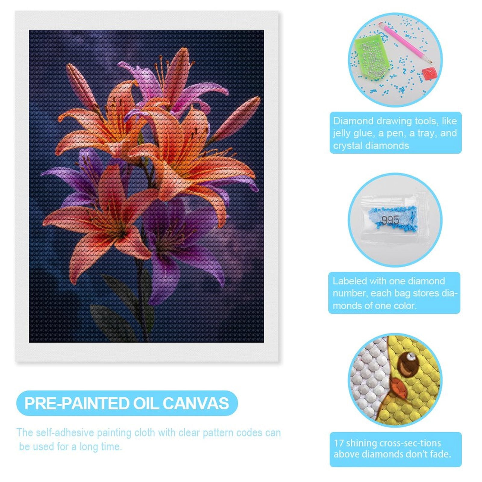 Diamond Art Kits for Adults, Vibrant Lillies Under Starry Sky 5D Diamond Painting Kits for Adults Beginners, DIY Full Drill Diamond Painting, Gem Art and Crafts 12x16