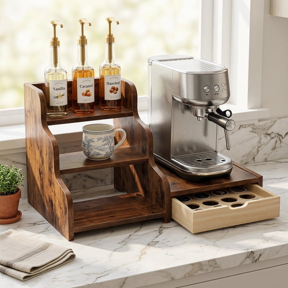 Dolizu 50KG Capacity Under Brewer Storage Drawer Brown Wood Beverage Pod Holders