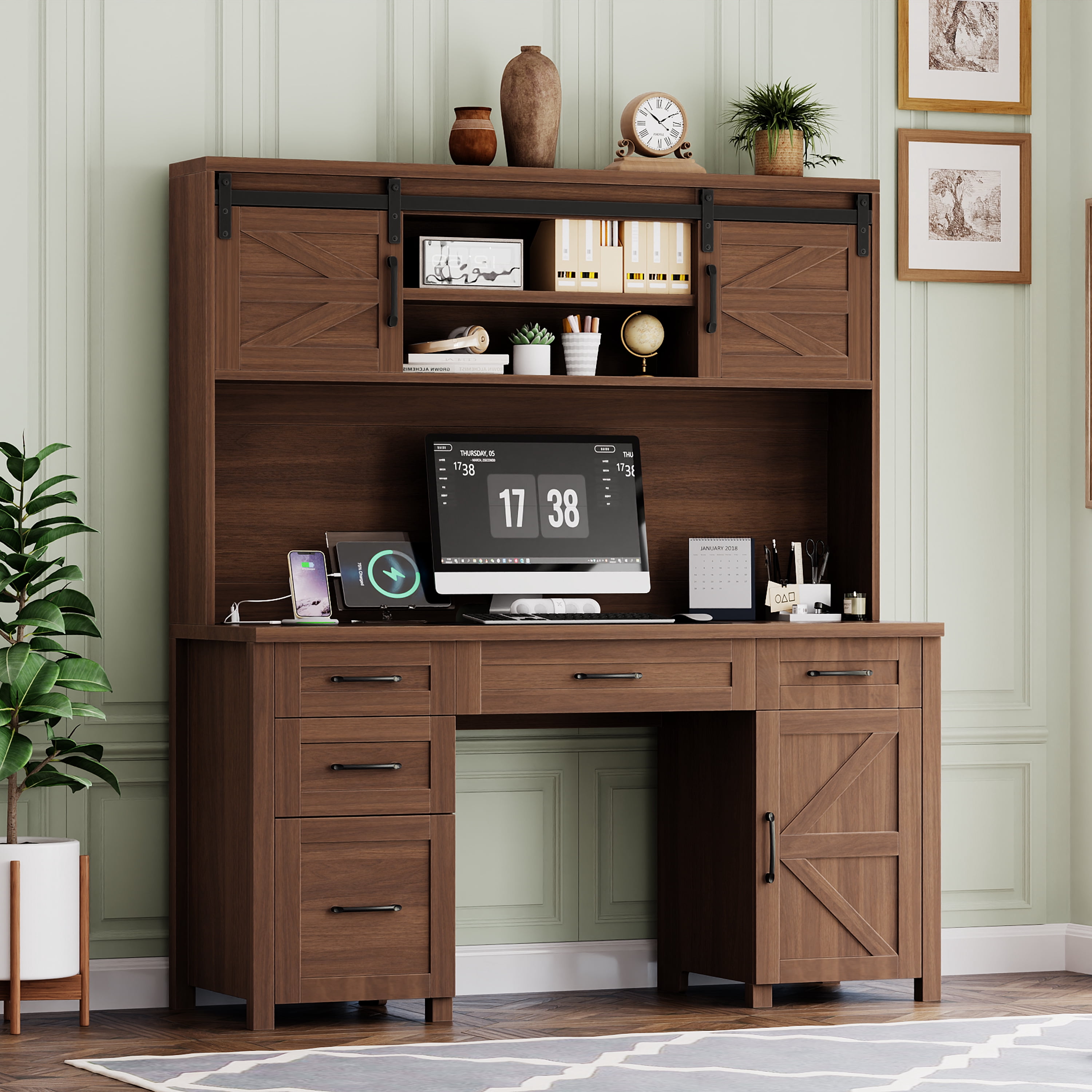 Mintazer Farmhouse Executive Desk with Storage Cabinets & Charging Station, Computer Desk with 2 Sliding Barn Doors and 5 Drawers & Adjustable Shelf for Home Office, Walnut