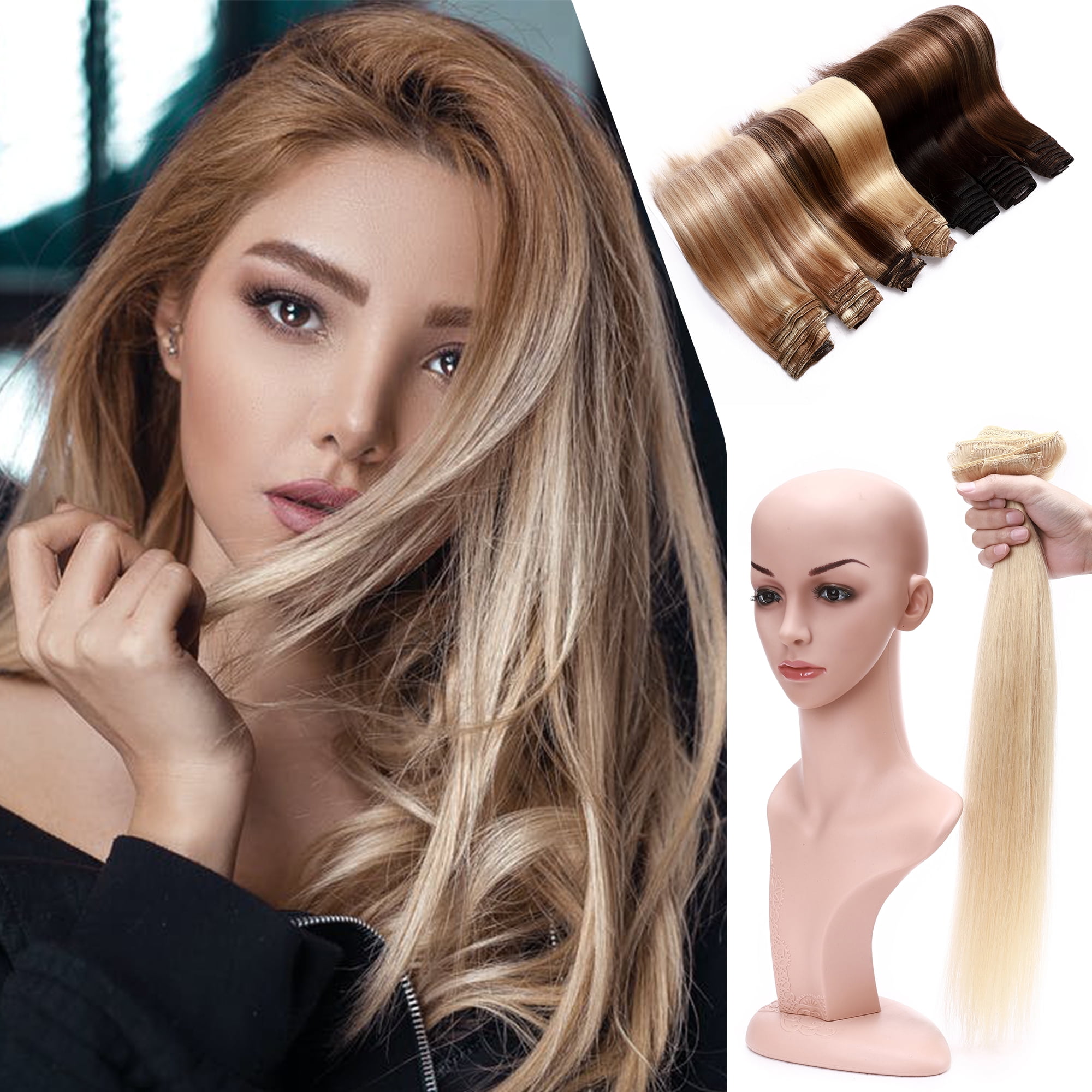 MY-LADY 8PCS 100% Human Clip In Hair Extensions Human Hair Double Weft  Brazilian Hair Remy Hair Full Head Silky Straight 20inch #613 Bleach Blonde  