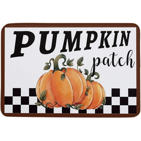 

Pumpkin Patch Memory Foam Doormat Anti-Skid Absorbent Indoor Door Mat Soft Floor Mat for Entryway Patio Kitchen High Traffic Areas Decor Thanksgiving Day Black-White Plaid 24x16 Inch