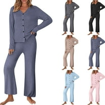 VBTAPA Womens Ribbed Knit Pajama Set 2 Piece Lounge Sets Long Sleeve Button Down Sleepwear Soft Comfy Loungewear Light Blue L