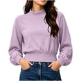 thumbnail image 2 of thefmos Women's Round Neck Long Sleeve Cropped Pullover Top Solid Color Casual Blouse Fashion Fall Winter Clothes, Purple M, 2 of 6