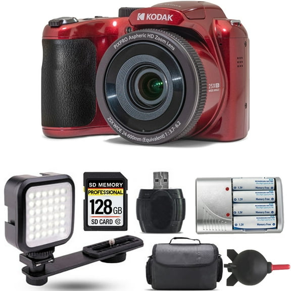 Kodak PIXPRO AZ255 Digital Camera (Red)   Extra Battery   LED - 128GB Kit