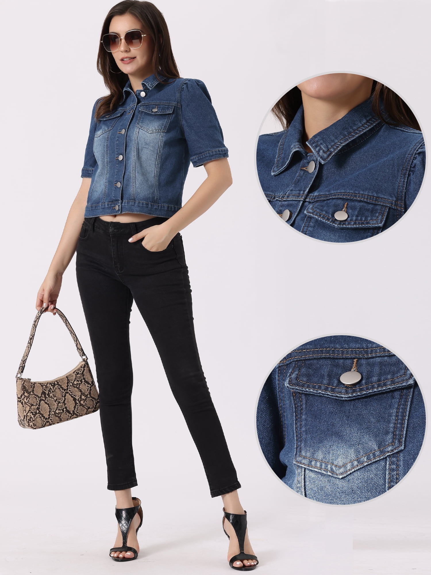 DARING DIVA Women's Short Puff Sleeves Button-Down Denim Jacket M Blue