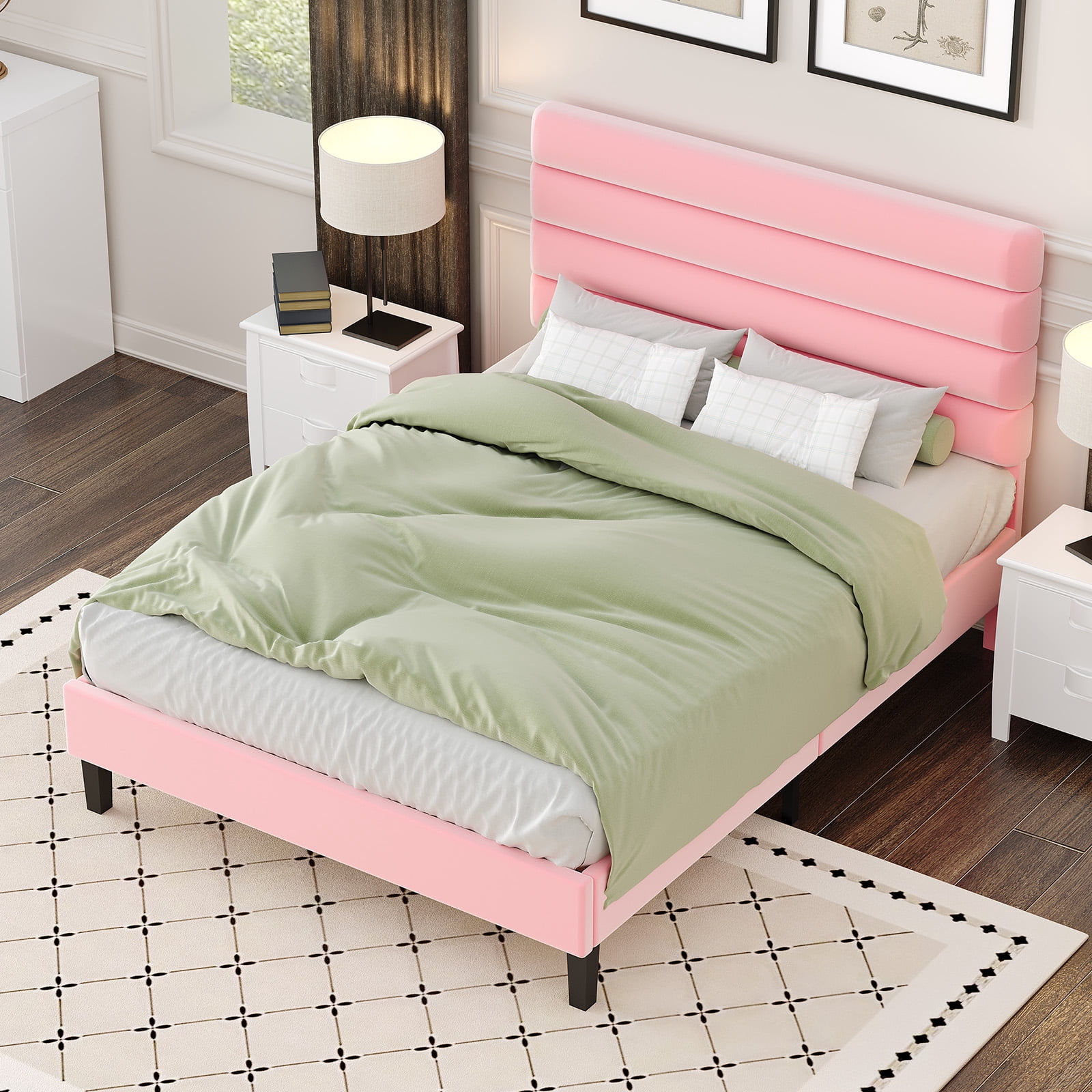 4 EVER WINNER Full Platform Bed with Horizontal Stitched Pink Velvet Headboard, Upholstered Base, Stable Slat Support, Easy Assembly