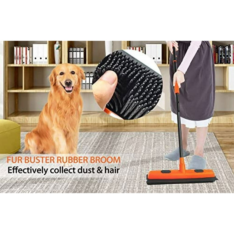 Rubber Broom Carpet Rake for Pet Hair, Fur Remover Broom with Squeegee