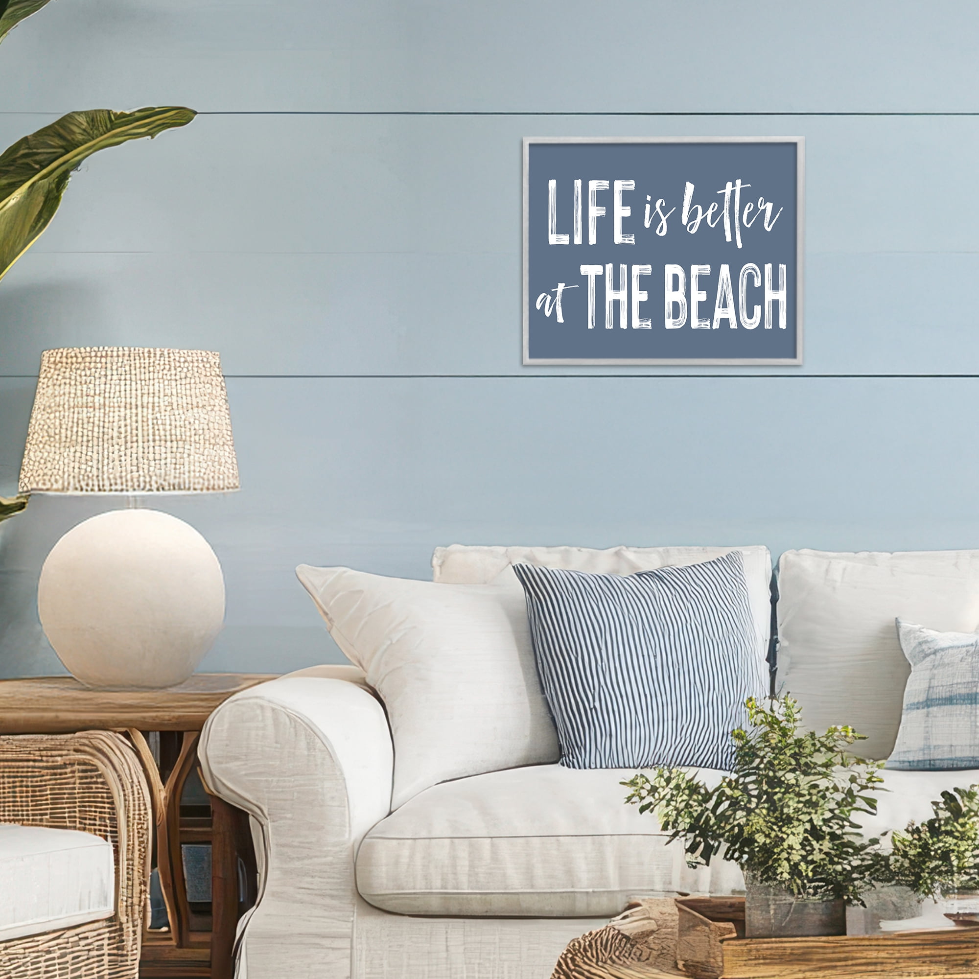 Life Better At Beach Blue Gray Framed Giclee Art, design by Lettered and Lined